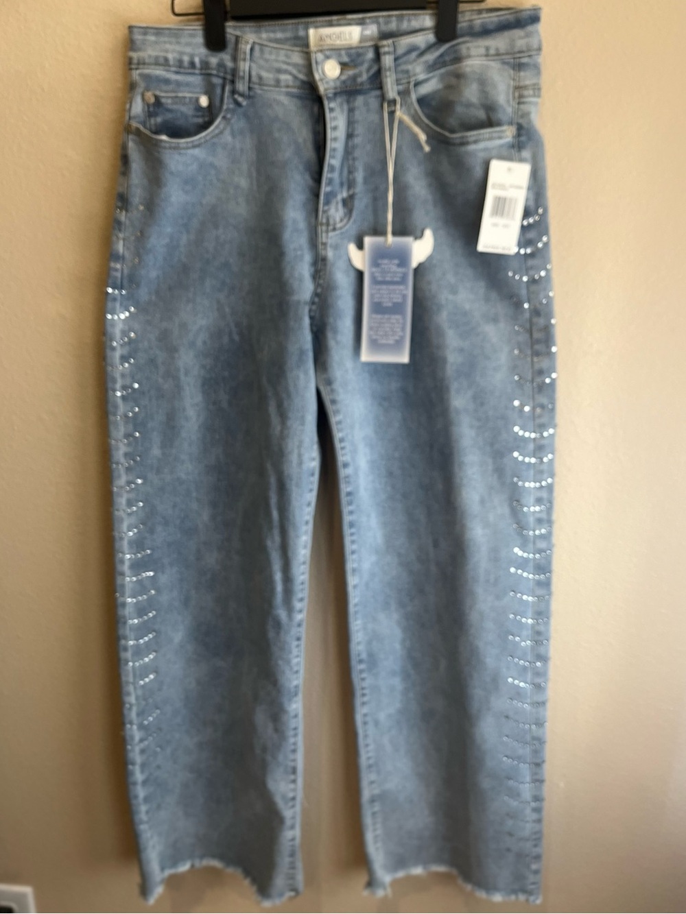Angels Light Blue Straight-Leg Jeans with Side Rhinestones